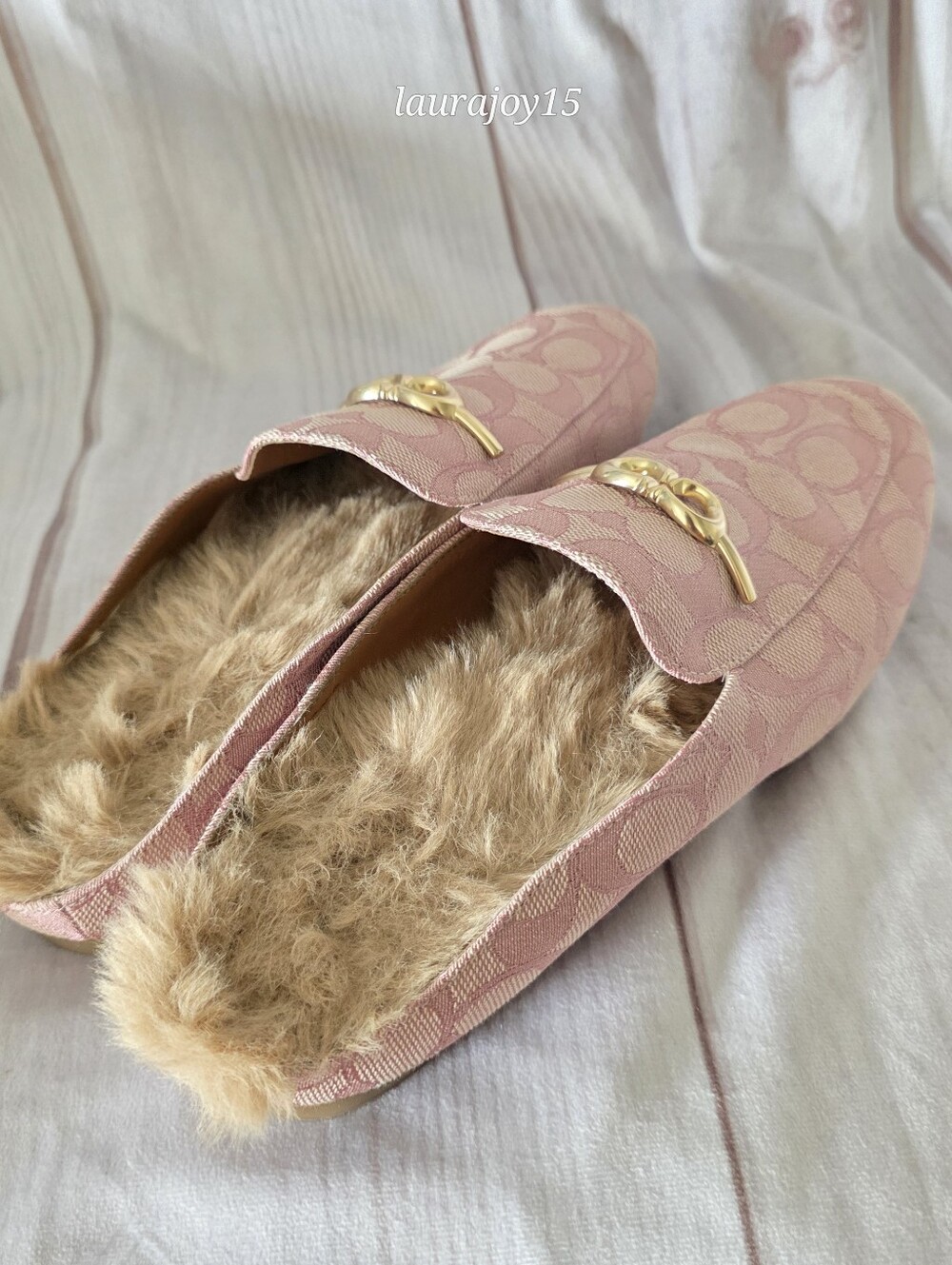 Coach Sienna Sherpa Slides Shoes Pink Signature Jacquard Gold Horsebit Womens 6 - Picture 6 of 10
